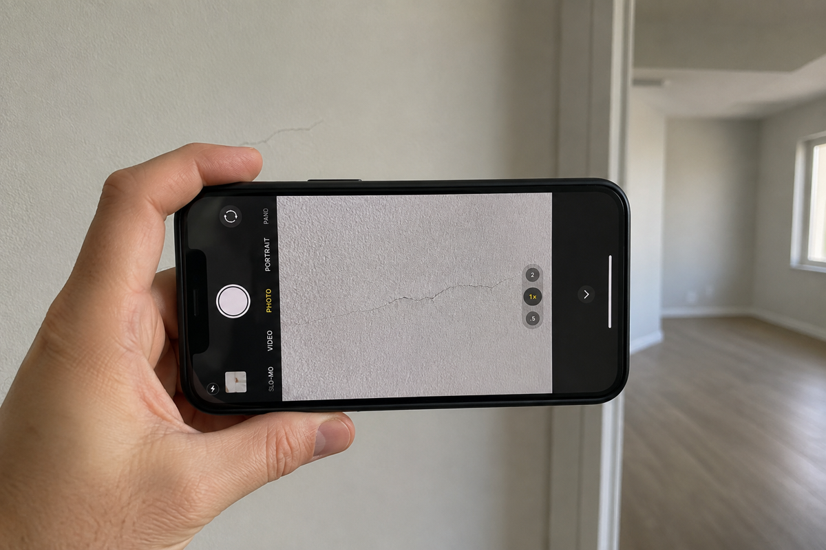 Een scheur in de muur wordt scherp gefotografeerd met de smartphone als bewijsmateriaal voor de plaatsbeschrijving.