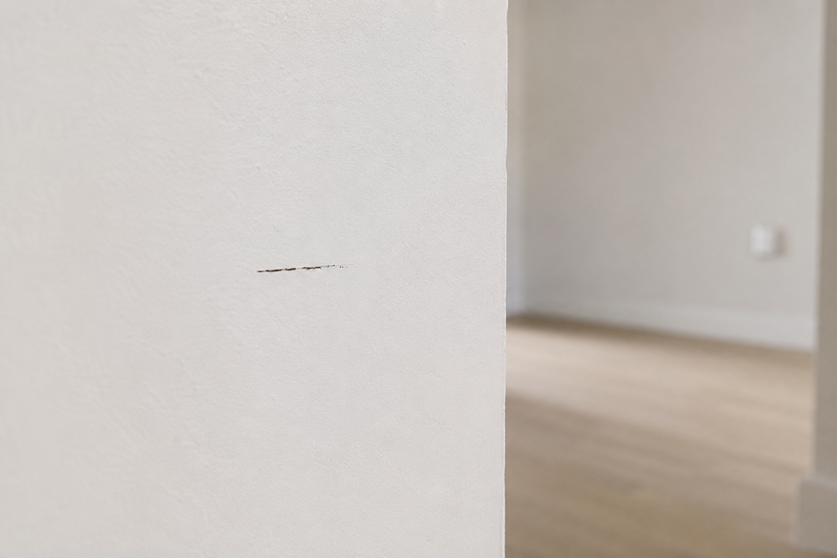 Kleine kras op een witte muur, een voorbeeld van schade die concreet beschreven moet worden in de plaatsbeschrijving.