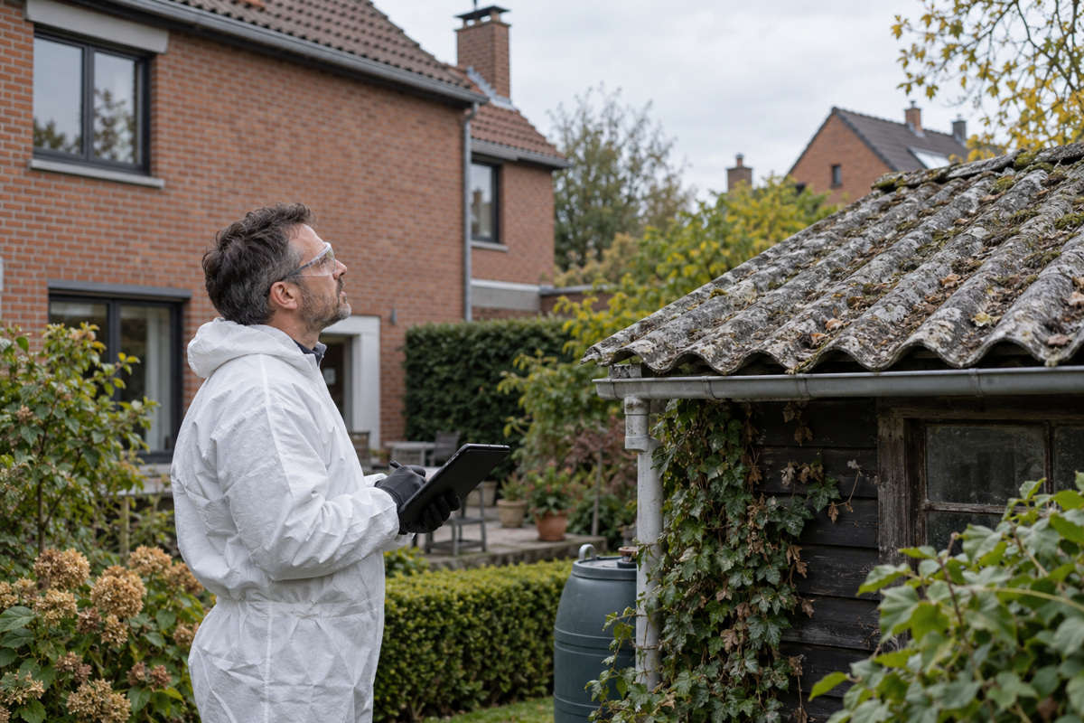 sbestdeskundige in beschermpak inspecteert het golfplatendak van een tuinhuis voor een asbestattest.