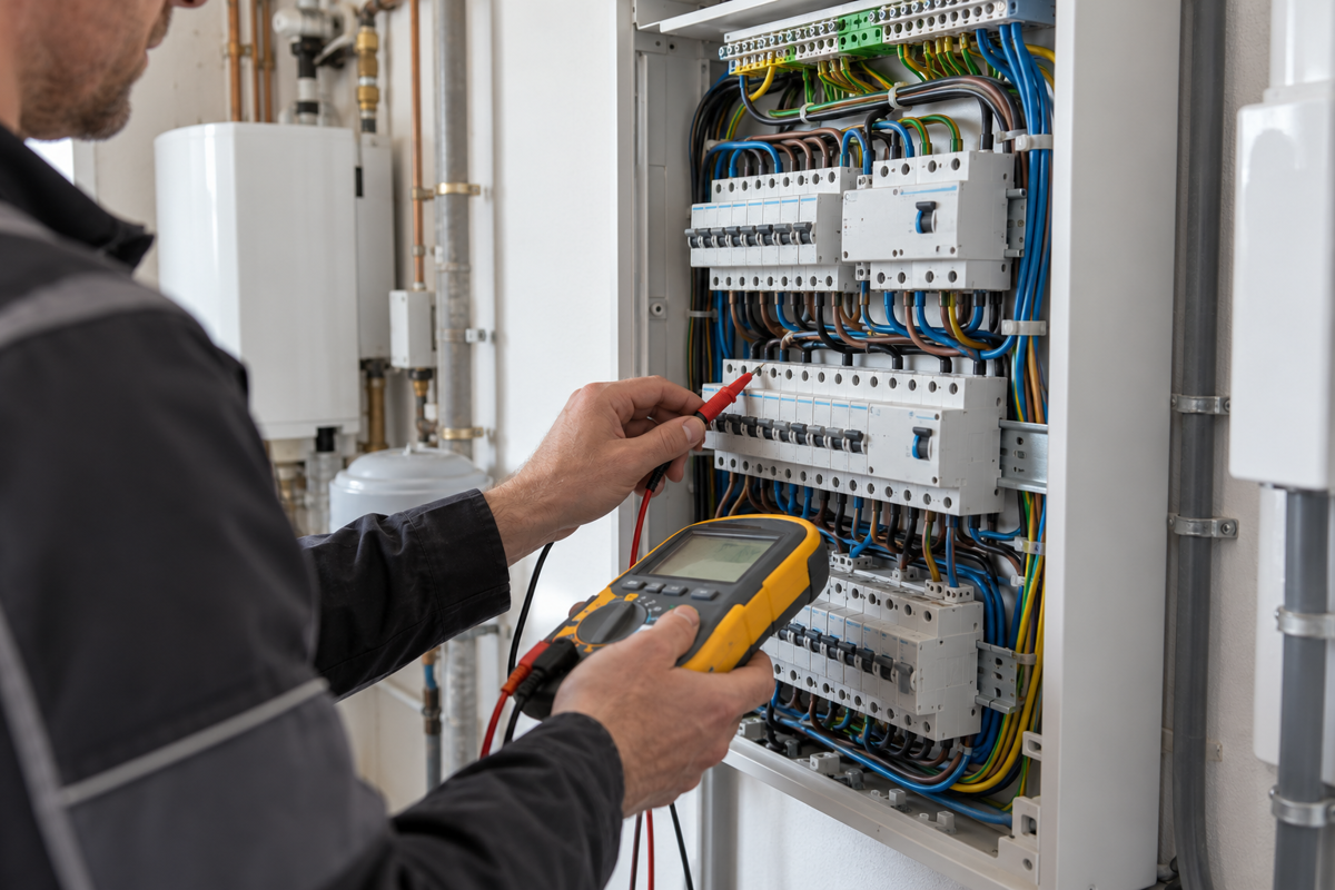 Keurder meet de elektrische installatie in een zekeringkast tijdens een elektrische keuring.