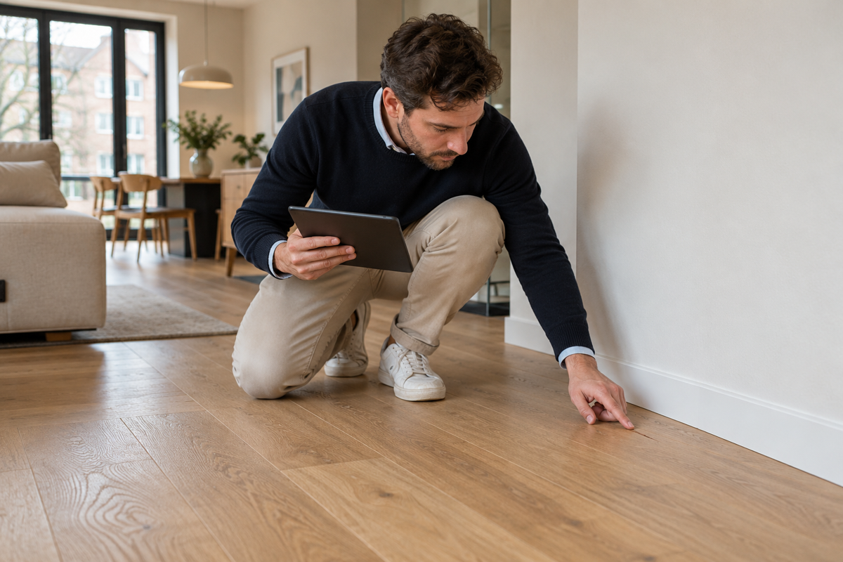 Deskundige wijst een kras in het parket aan en noteert die op een tablet tijdens de plaatsbeschrijving.