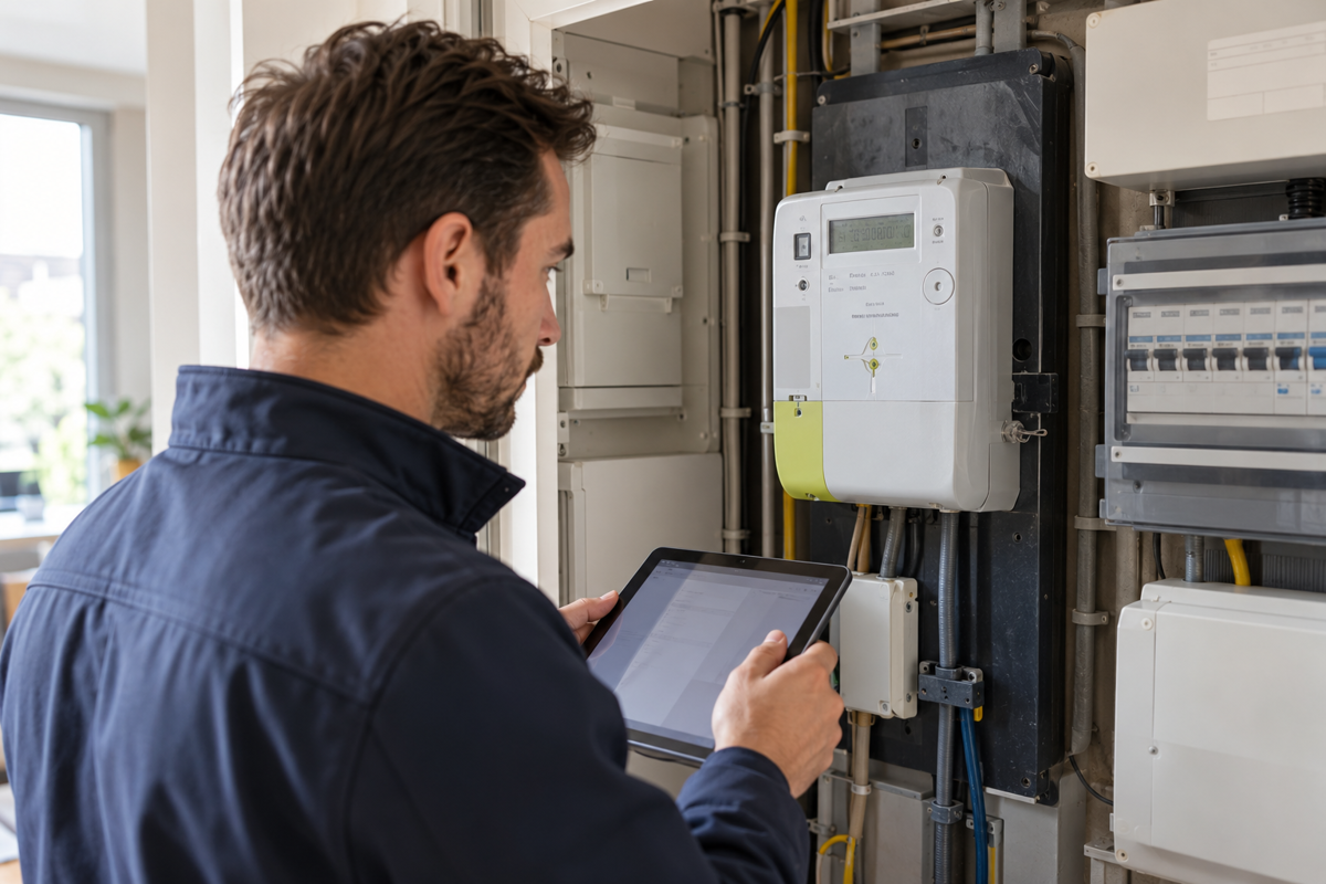 Deskundige noteert de meterstand van de digitale elektriciteitsmeter op een tablet voor het plaatsbeschrijvingsrapport.