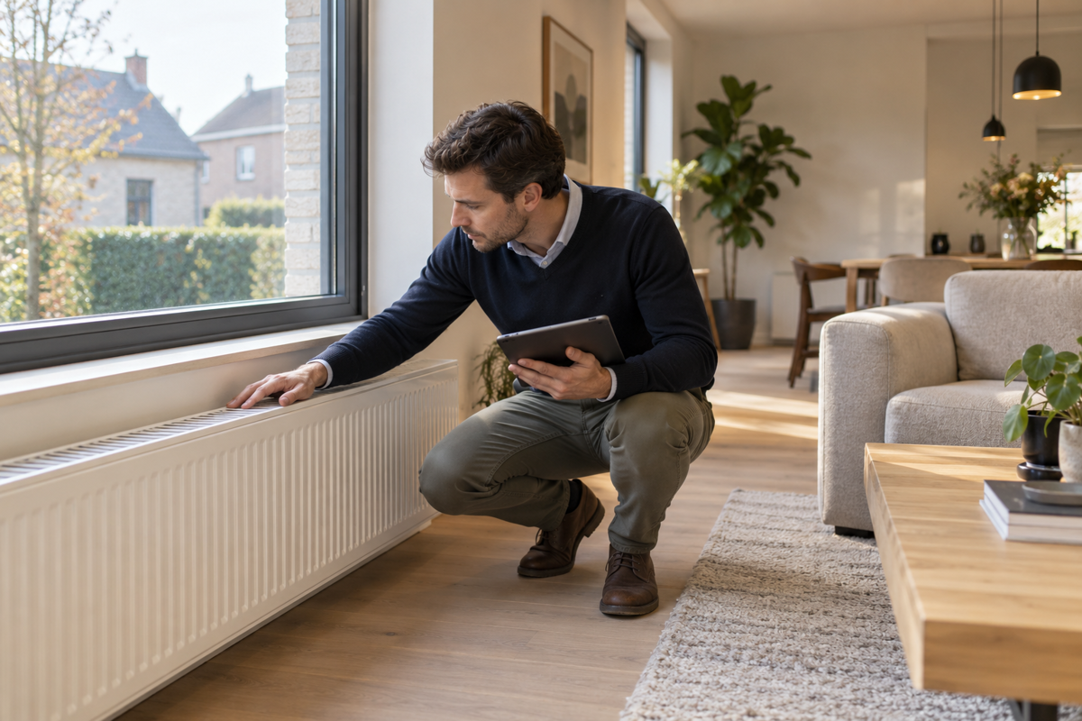 Energiedeskundige controleert een radiator met een tablet tijdens de opmaak van een EPC voor verkoop of verhuur.