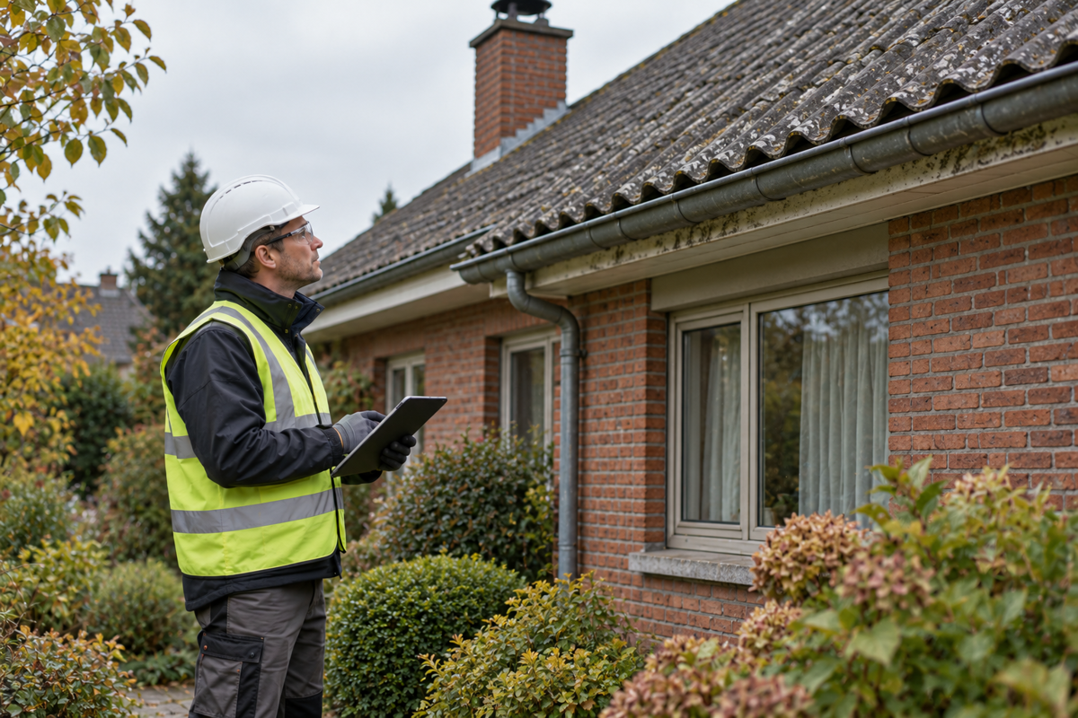 Asbestdeskundige inspecteert het golfplatendak van een woning van vóór 2001 voor een asbestattest.