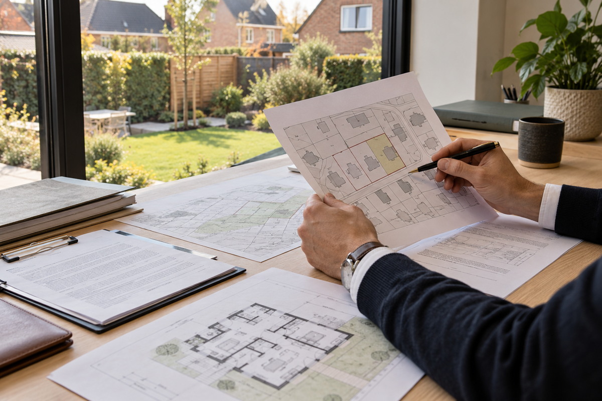 Kadasterplan met gemarkeerd perceel en bouwplannen bij het opvragen van stedenbouwkundige informatie.