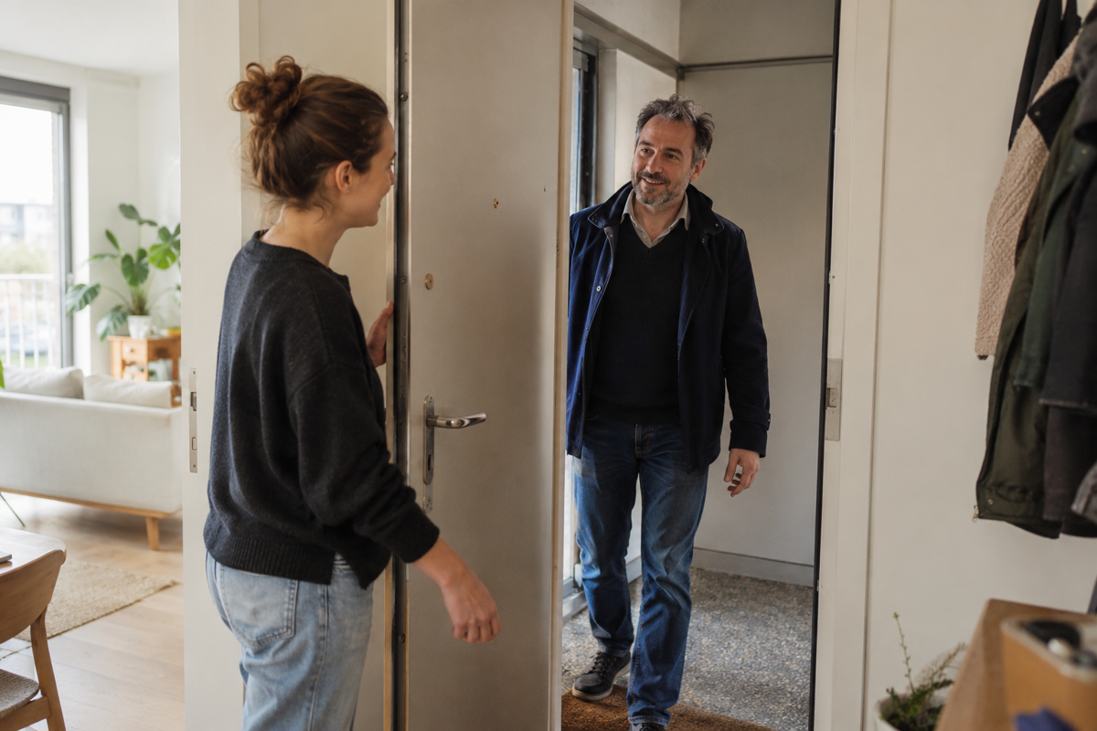 Huurster verwelkomt de eigenaar aan de deur voor een bezoek op afspraak.