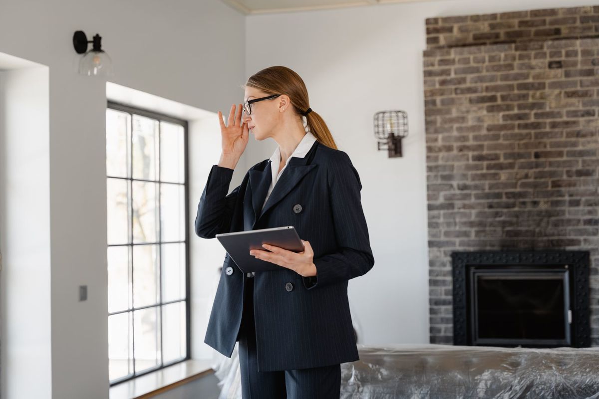 Vrouw met een tablet in een moderne woning tijdens een bezoek